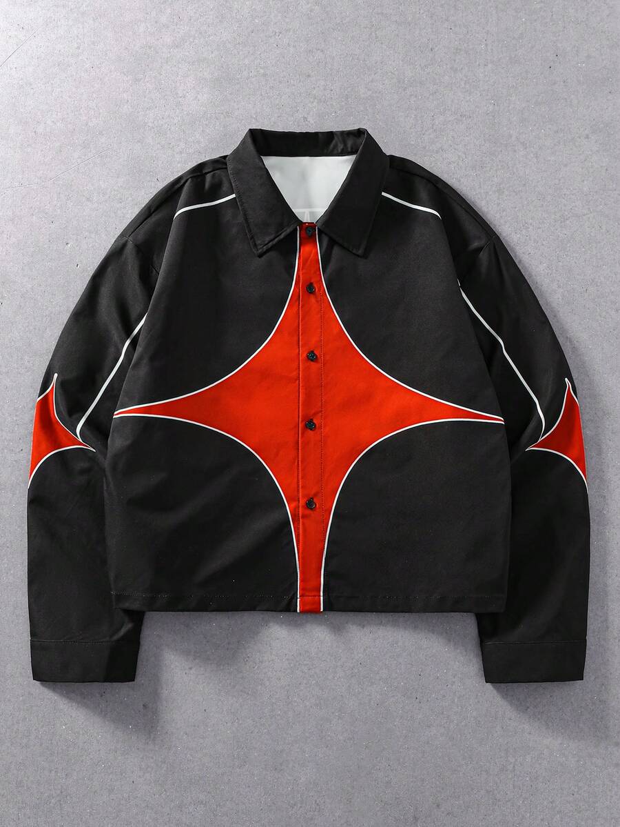 ROMWE MEN Men's Colorblock Patchwork Loose Long Sleeve Shirt - Black - View 1