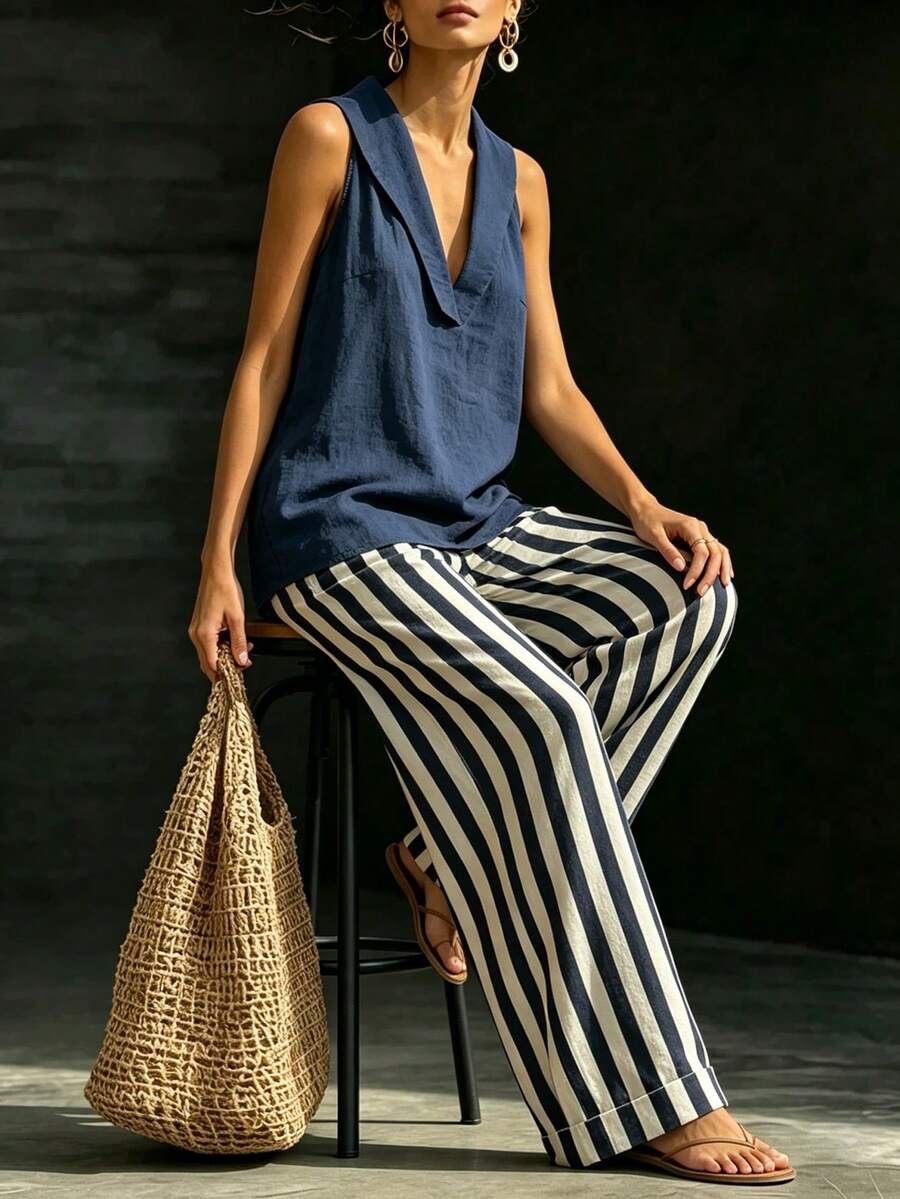 Linhara CURVE Plus Size Vacation Casual Sailor Tank Top Striped Pants 2 Pieces Set Brunch Formal Navy Blue Summer - Blue and White - View 1