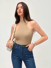 SHEIN Orluneo 纯色修身罗纹针织无袖上衣 - 駝色 - 查看 4