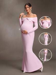 Cheriluna Maternity Spring/Autumn Maternity Dress, Slim Fit With Belly Accent, Sweet Style For Party And Banquet, High Elastic Knit Fabric Fall Pink Dress Wedding - Pink - View 13