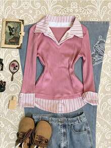 IslaSuriya Women's Ribbed Knit Top, 2 In 1 Striped Collar V-Neck Long Sleeve Slim Fit Shirt, Casual Layered Look, New Fall Style - Multicolor - View 3