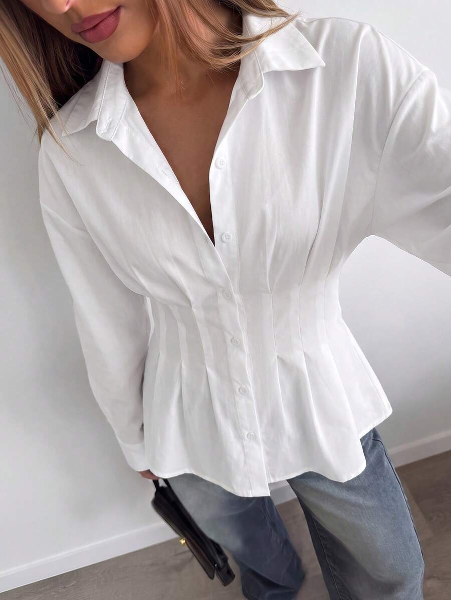 Aloruh 女款秋冬新款素色杏色休閒商務鬆身收腰百褶立領長袖襯衫 - 白色 - 查看 1