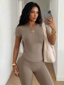 StreetHx Women's Solid Color Round Neck Short Sleeve Top And Flared Leg Pants Sports Set - Khaki - View 2