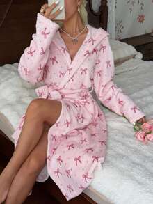 CottageSlumber Women's Autumn/Winter Ins Style Cute Bow Print Plush Pink Long Sleeve Loungewear Robe - Baby Pink - View 4