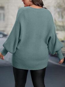 SHEIN LUNE CURVE 大尺碼女款純色V領蝙蝠袖長袖寬鬆套頭毛衣 - 綠色 - 查看 2