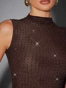 Hauture Sexy Summer Party Burgundy Red Mock Neck Hot Fixed Rhinestone Double Layer Mesh Tank Top - Brown - View 6