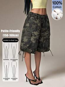 Sinnesro WOMEN Cargo Utility Long Shorts Military Combat Style Drawstring Elastic Waist Summer Spring Casual Pockets Bermuda Length Outdoor Hiking Walking ,Petite Women - Army Green - View 17