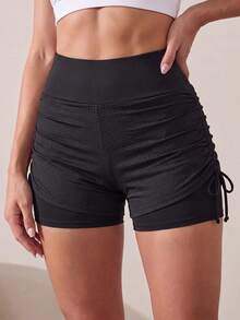 Easithlete Easithlete Wide Waist Side Drawstring Double Layer Sports Shorts - Black - View 2