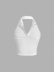 SHEIN MOD 女款素色百褶單排扣休閒掛脖背心上衣 - 白色 - 查看 2