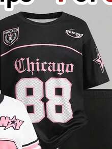 SHEIN 女童四季短袖緊身短褲套裝，隨機款式 1 套，美式復古字母與數字印花短袖 T 恤搭配彈性單車短褲，時尚休閒運動 2 件套，運動號碼 88 & 23 - 彩色 - 查看 4