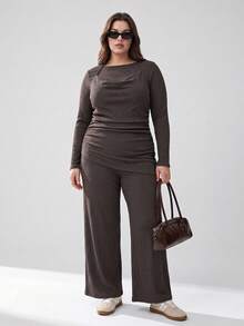 Solavibe Plus Size Women Ruched Asymmetric Hem Long Sleeve Halter Neck T-Shirt Pants Elegant 2 Pieces Set Fall Brunch Party Evening Office Dinner Brown - Brown - View 5