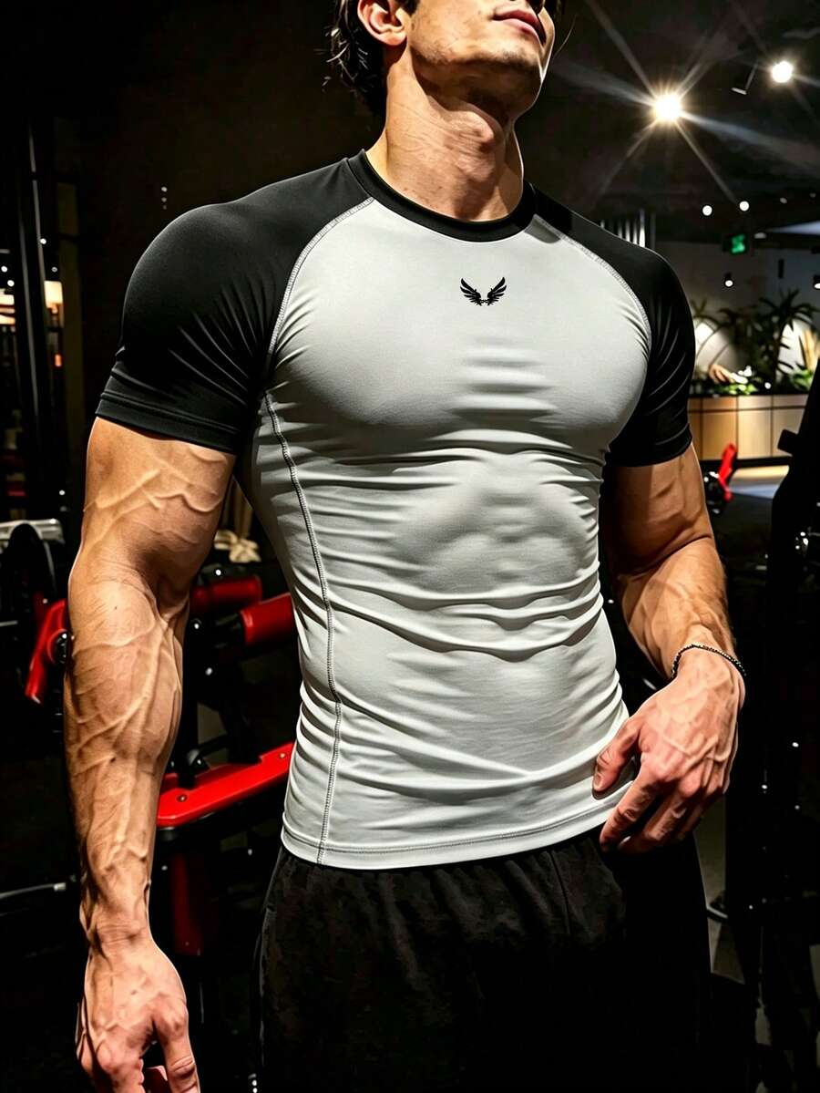 GymBeat Men's Colorblock Patchwork Short Sleeve Slim Fit Sports T-Shirt - Grey - View 1