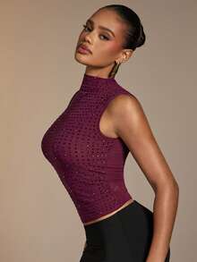 Hauture Women's Rhinestone Embellished Stand Collar Mesh Fitted Fashion Tank Top - Burgundy - View 3