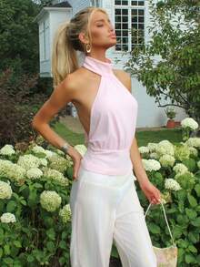 Sydney Algeri Atasan Rajut Model Halter Neck Warna Pink Muda untuk Wanita, Cocok untuk Musim Panas Kasual - Baby Pink - View 4
