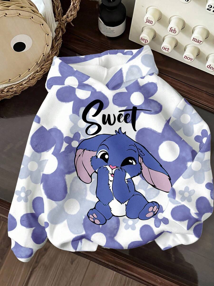 SHEIN Leap Crew 少女可爱卡通紫色兔子露露和史迪奇图案,蓝色渐变花卉,休闲宽松圆领舒适长袖卫衣,适合秋冬季、度假、阳光之旅、休闲春季、夏季出游,可爱Y2K椰子波西米亚风春假早午餐必备浅蓝色之旅,霓虹海滩风情,波西米亚嬉皮音乐节 - 彩色 - 查看 1