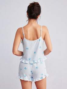 Elorette Cute Bow Decor Pink Striped Bow Print Camisole & Shorts Pajama Set - Baby Blue - View 2