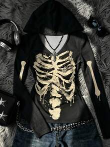 IslaSuriya Top noir, motif tête de mort, à la mode actuelle, Top Y2K, t-shirt à capuche pour femmes, style sombre, style gothique, automne/hiver - Multicolore - Voir 1