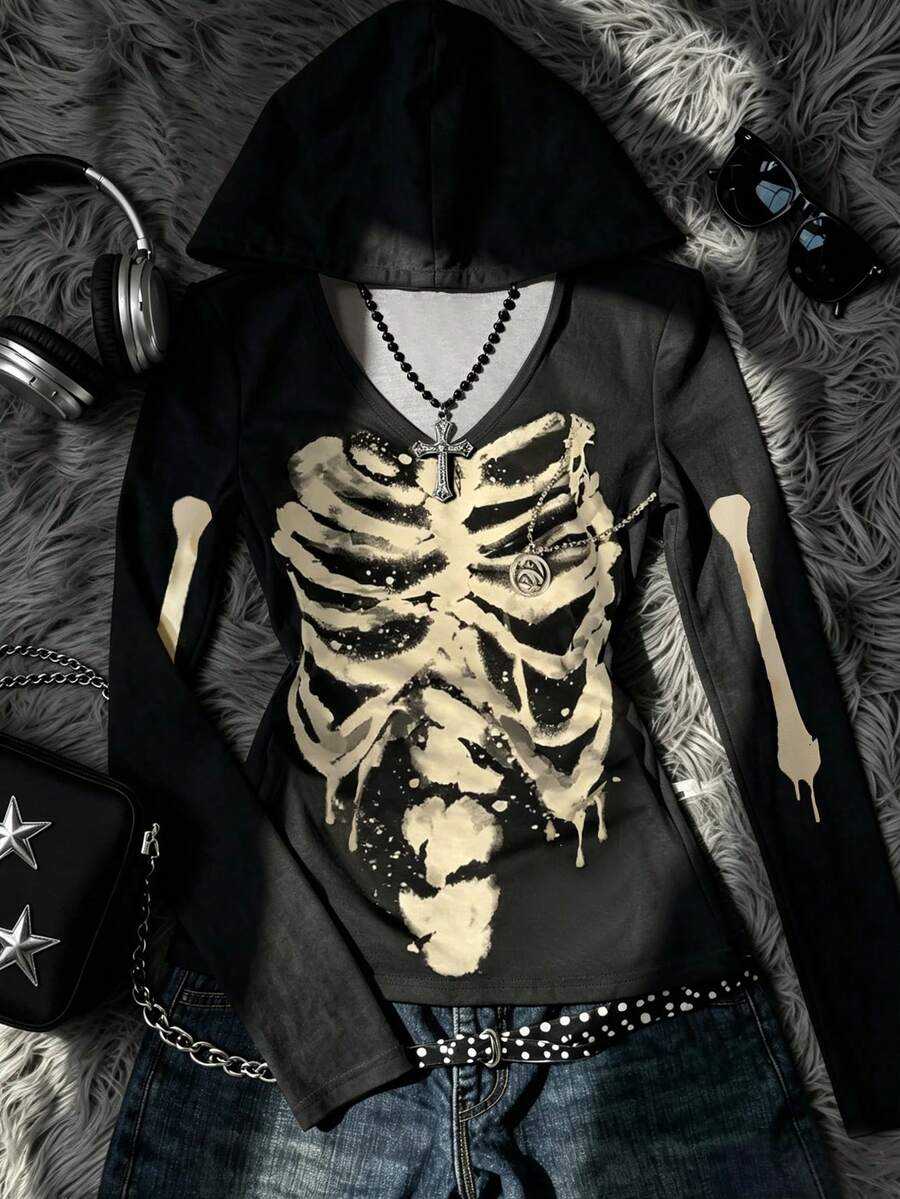 IslaSuriya Top noir, motif tête de mort, à la mode actuelle, Top Y2K, t-shirt à capuche pour femmes, style sombre, style gothique, automne/hiver - Multicolore - Voir 1