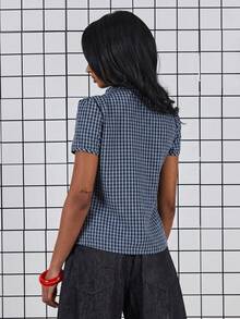 COUREZ Short Sleeve Micro Check Asymmetric Button Front Top /Y2K Spring Clothes For Women Cute Cottagecore Tops Going Out Party Outfits Summer Tops Summer Outfits - Multicolor - View 3