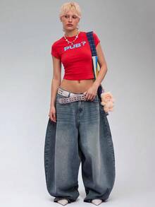 COUREZ Low Rise Baggy Balloon Fit Jeans In Washed Blue Wash Street Casual /  Y2K Autumn Clubbing Outfits For Women Pants For Women Rave Cotton Denim Fall - Navy Blue - View 4