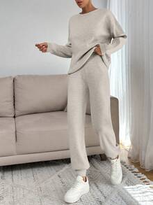EURMUSE WOMEN SOFT TOUCH SWEATER AND SWEATER PANT TWO                          PİECE OUTFİT CO-ORDS  COOL - Beige - View 3