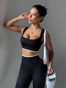 SHEIN Velisys Women's Striped Colorblock Tank Top And Fitted Leggings 2 Pieces Sports Set - Multicolor - View 3