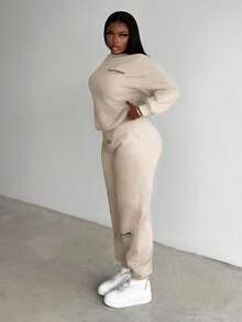 Slaydiva 1 Set Casual Grey Slogan Printed Round Neck Long Sleeve Sweatshirt And Slogan Printed Sweatpants - Apricot - View 3