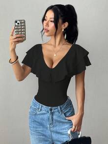 Rafferiza Women's Elegant Solid Color Ruffle Trim Bodysuit, Summer - Black - View 5