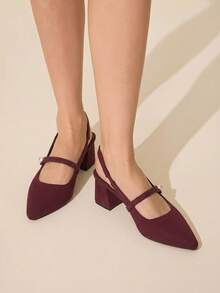 CUCCOO BASICS 時尚經典飛織透氣舒適通勤派對宴會尖頭粗高跟女鞋 Slingback 露跟高跟鞋 - 酒紅色 - 查看 2