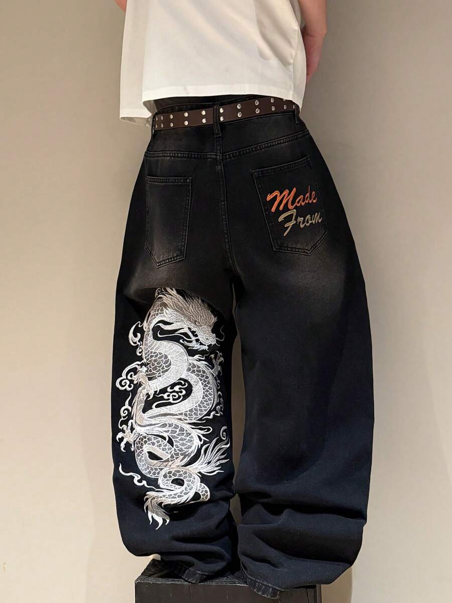 STEELVANCE 街頭風復古時尚百搭做舊水洗刺繡設計寬鬆直筒寬腿休閒牛仔褲(不含腰帶與配件) - 黑色 - 查看 1