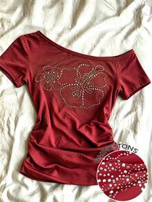 IslaSuriya Plus Size Summer Casual Rhinestone Decor Asymmetric Collar T-Shirt - White - View 1