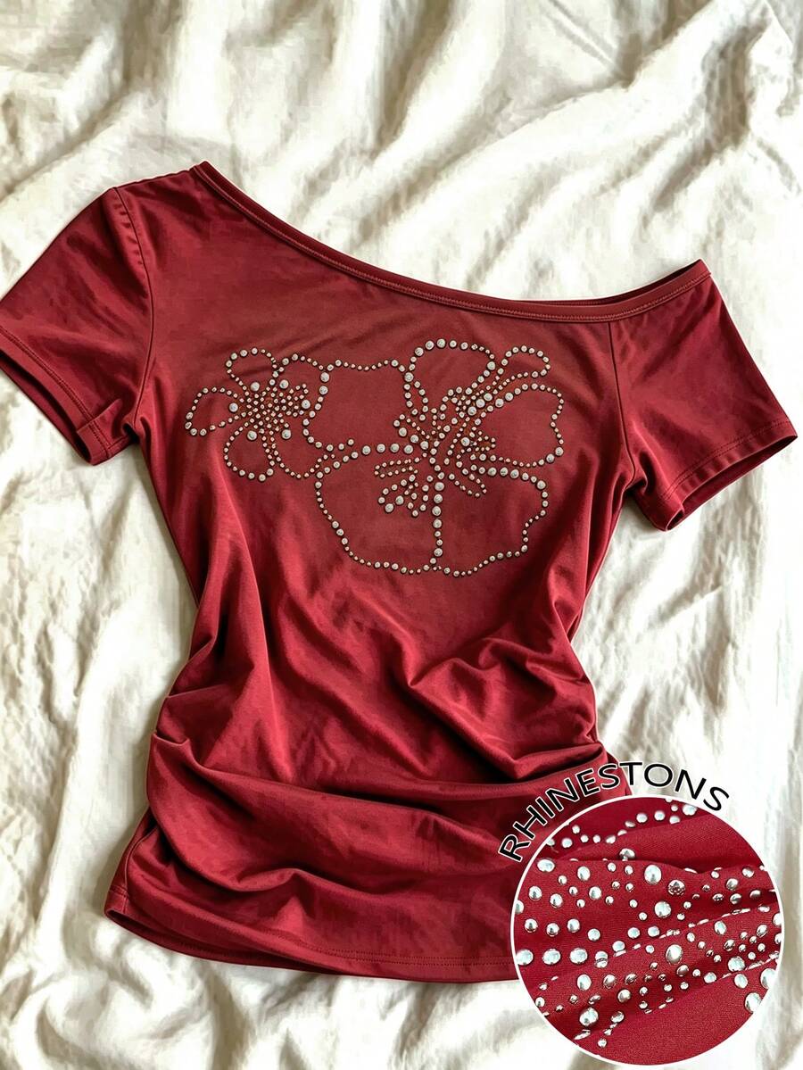 IslaSuriya Plus Size Summer Casual Rhinestone Decor Asymmetric Collar T-Shirt - White - View 1