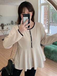 Dazy Plus Contrast Color Ribbed Long Sleeve Cinched Waist Loose Casual Slimming Versatile Spring Summer Autumn T-Shirt - Apricot - View 7
