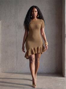 BamGlimmer Solid Color Ruffle Trim Sleeveless Knit Dress - Khaki - View 4