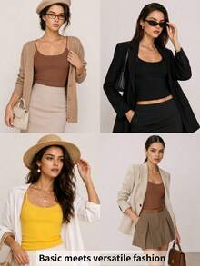 SHEIN BASICS 1件女款純色修身休閒細肩帶背心上衣 白色上衣 - 駝色 - 查看 17
