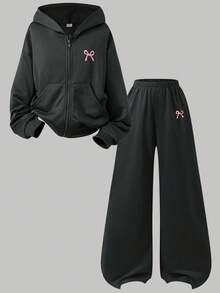 SHEIN Genkimix Kids 2件組 青少年女孩套裝 連帽長袖前開拉鍊短版外套，腰部與袖口收緊，搭配鬆緊腰寬鬆寬腿休閒運動長褲，秋冬款 - 深灰色 - 查看 6