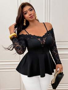 Femmeverse Plus Size Women's Spring/Summer Fashion Elegant Off-Shoulder V-Neck Lace Trim Patchwork Long Sleeve Knit Top Fall - Black - View 5