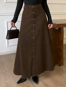DAZY Women's Single-Breasted Decorative Long A-Line Denim Skirt, Casual Urban Style Fall - Brown - View 3