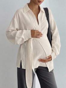 DAZY Áo sơ mi bầu tay dài dáng rộng màu trắng trơn, thiết kế cổ bẻ thắt nơ, áo blouse công sở cho mùa xuân hè thu - trắng - Xem 6