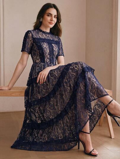 Anewsta Tall Summer New Short Sleeve Navy Blue Multi-Layer Lace Ruffle Hem Elegant Versatile Long Dress