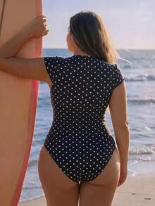 Swim SPRTY New Women's Summer/Fall Zipper Polka Dot Print Beach Party Vacation Plus Size One-Piece Swimsuit Black Polka Dot Rash Guard Sports Sexy Modest - Multicolor - View 3