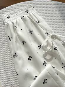 Elamini Sweet Cute Lace Trim Patchwork Bow Print Casual Commuter Wide Leg Long Pants - White - View 1