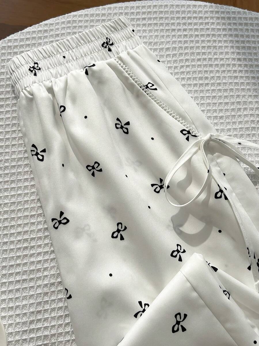 Elamini Sweet Cute Lace Trim Patchwork Bow Print Casual Commuter Wide Leg Long Pants - White - View 1