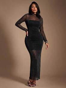 Radiana Women's Sexy Elegant Graceful Black Flocked Jacquard Mesh Dress, Long Sleeve Fitted Dress, High Neck Dress, Sheer Dress, Long Dress, Suitable For Date, Party, Cocktail, Club, Garden Afternoon Tea, Casual Outing - Black - View 5