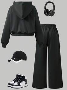 SHEIN Genkimix Kids 2件組 青少年女孩套裝 連帽長袖前開拉鍊短版外套，腰部與袖口收緊，搭配鬆緊腰寬鬆寬腿休閒運動長褲，秋冬款 - 深灰色 - 查看 2