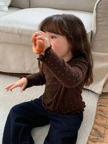 DAZY Infant (Girl) Polka Dot Korean Style Long Sleeve Ruffle Trim Top Toddler Fall - Coffee Brown - View 5