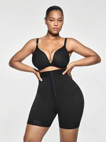 SHAPORA 1pc Plus Size Women's Solid Color High Waist Shaping Shorts - Black - View 3