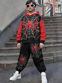 SHEIN 兒童 2 件組 青少年男孩 紅黑蜘蛛與超級英雄圖案長袖連帽衛衣套裝 秋季 - 彩色 - 查看 8