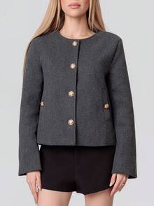 PRISCILA ESCOTO PRISCILA ESCOTO Vintage Style Golden Button V-Neck Long Sleeve Women's Jacket, Autumn/Winter  Fall Cloth For Women - Dark Grey - View 3