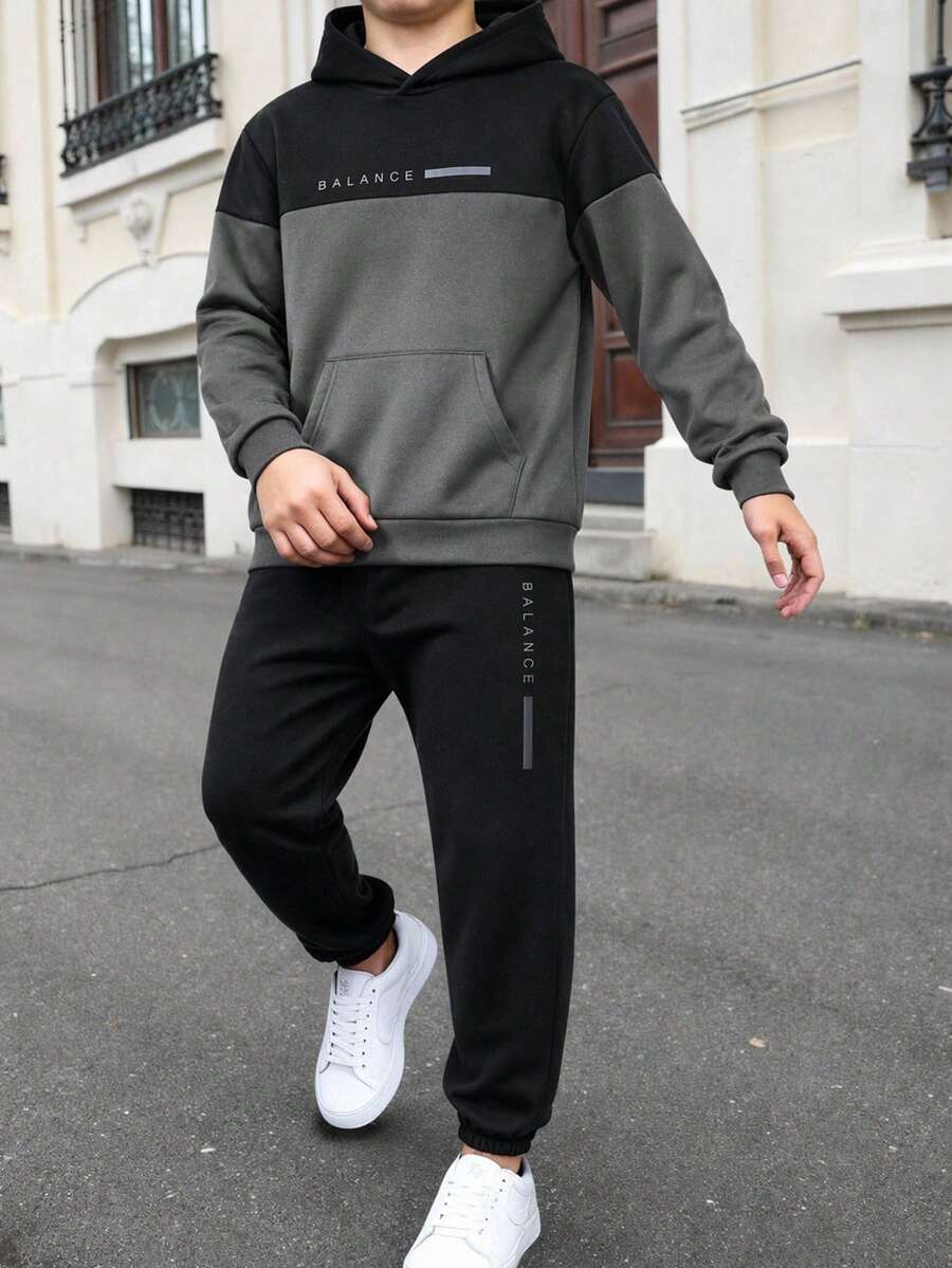 SHEIN Teen Boy American Retro Color Blocking Loose Long Sleeve Hoodie Set,Winter,Back-To-School - Multicolor - View 1